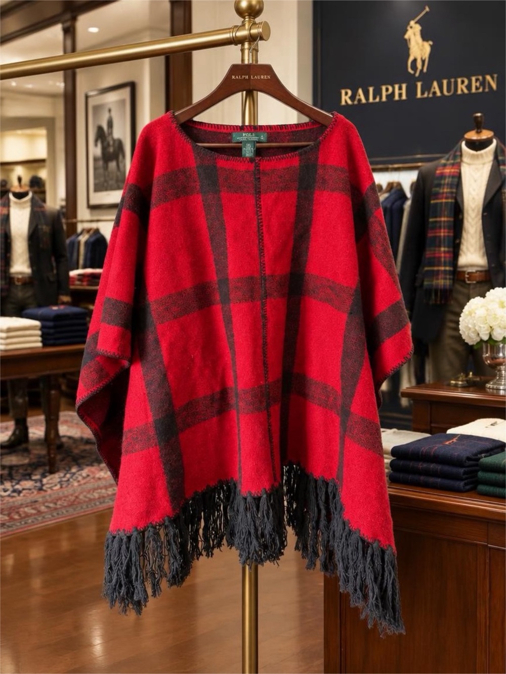 Lauren Ralph Lauren Wool Plaid Fringe Cape